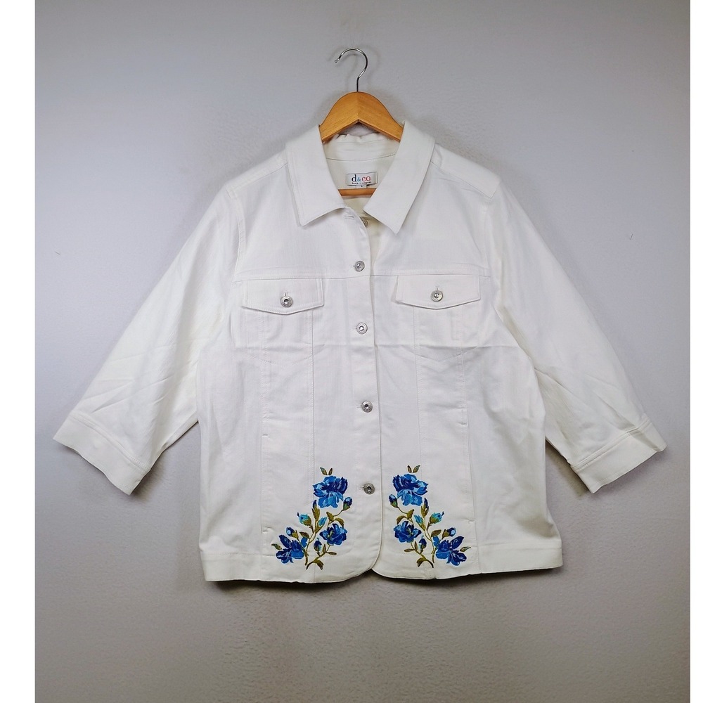 Cottagecore Denim & Co Women L White Blue Floral Embroidered 3/4 Sleeve Jacket